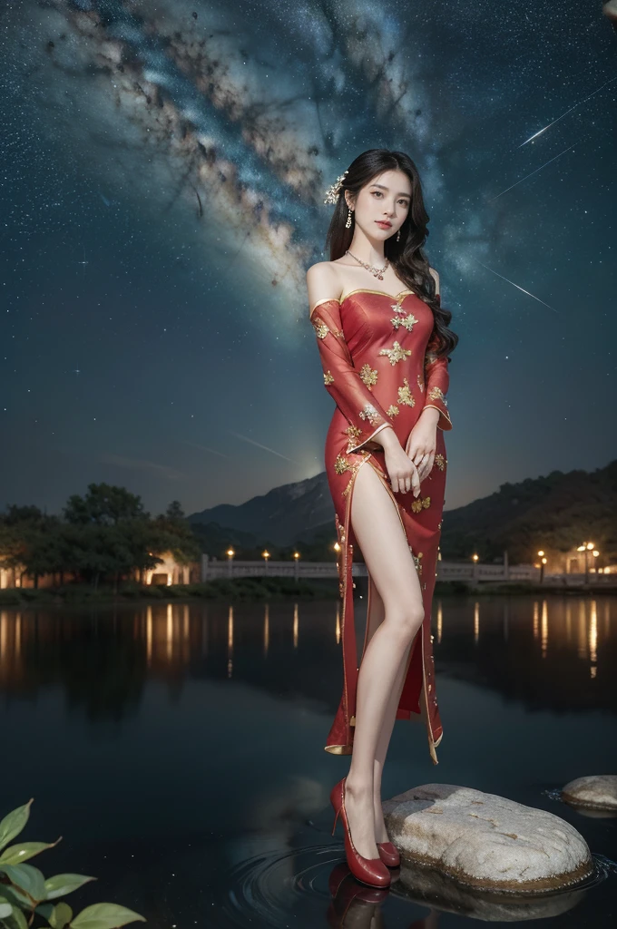 (((best quality))),(((ultra detailed))),(((masterpiece))),illustration,((1 beautiful girl,solo)),(shoulder length straight hair:1.2),((earrings,necklace)),((slim,thin)),((small breasts,flat chest)),(gorgeous sheer red Chinese dress:1.3),(slender legs:1.2),(loafers:1.2),(standing:1.3),(on the stone arch bridge:1.3),((starry sky,the Milky Way,horizon)),elegance, grace, sophisticated updo, delicate hairpins, twinkling stars, radiant smile, bright eyes, wonder, beauty of the night sky, intricate patterns, flowers, birds, vibrant colors, ethereal, enchanting, old bridge, weathered, sturdy, natural surroundings, serene, peaceful atmosphere, rippling water, stars, graceful silhouette, magic, tranquility, twinkling stars, mesmerizing canopy of light, cool air, crisp, faint scent of blooming flowers, contemplation, admiration, ancient China, timeless, rich culture, traditions, captivating, enchanting atmosphere, myth, legend,((from front,full body))