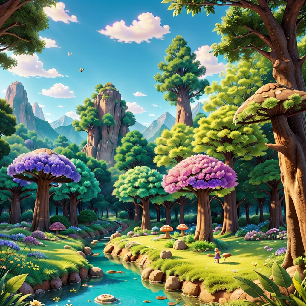 Create a detailed, colorful image of a story setting . The scene must include a main character, like a or a fairytale hero, interacting amicably with various animals. The setting must be in the middle of nature, with an enchanted forest, full of tall trees, floral flowers colorful, and a crystal clear stream. Add magical elements, like giant mushrooms, and little fairies flying around. The background must be complex and rich in details, with mountains in the distance and a clear blue sky punctuated by a few clouds