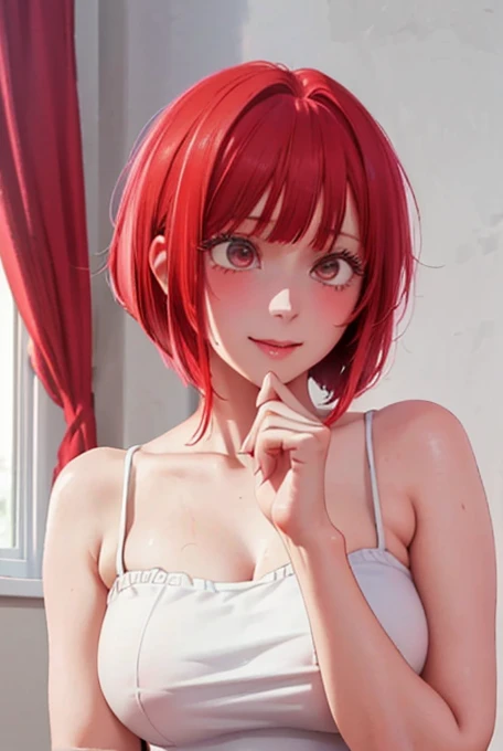 best quality, masterpiece, highly detailed,1girl, Arima Kana, , (masterpiece:1.5), Detailed Photo, Smiling, Sexy, (8K, Best Quality: 1.4), (1girl), Beautiful Face, (anime realistic Face), (Red Hair, short Hair: 1.3), Beautiful Hairstyle, Realistic eyes, beautiful detail eyes, (white skin), beautiful skin, absurd, attractive, ultra high resolution, ultra realistic, high definition, golden ratio, (sexually aroused:1.5), Pinkish white skin, cool white light, sexy pose, Beautiful , white background, pink soft white light, Wear a black bodycon dress,