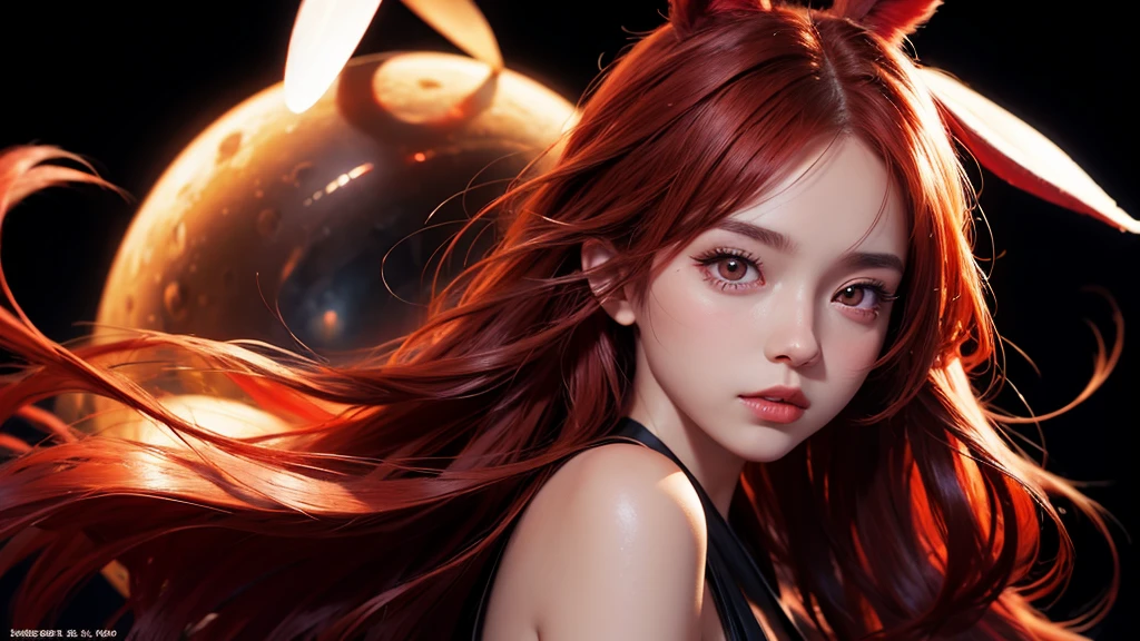 Cute sexy girl, Red hair, Bunny Girl,Close-up of face,black background,Surreal, Detailed lighting, Japanese Animation