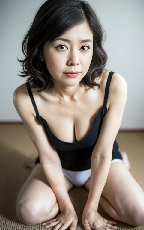 ((Best Quality, 8k, Masterpiece, Portrait)), Photorealistic, Sharp Focus, 1 Beautiful Japan Milf, (looking at viewer, from front, same level), ((Wearing Panties, Sox, Camisole)), Cloth with Cleavage View, 30 Years Old, Wavy Hair, Wrinkles at the Corners of the Eyes, (loose waist:0.5), ((Open your legs wide with one knee up:1.5, show crotch)), (open mouth:0.7), darkness room,