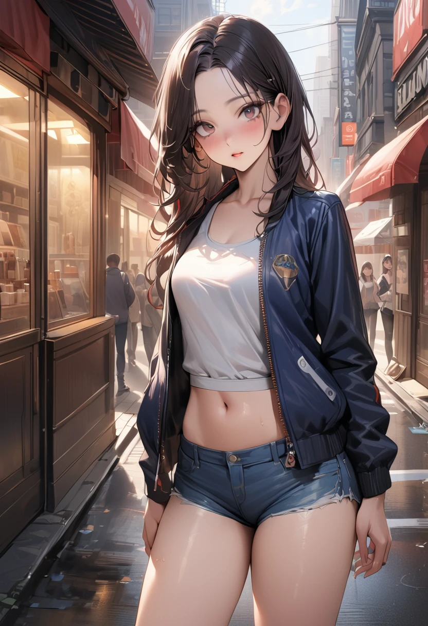 ((masterpiece,Highest quality:1.3,best quality illustration)),(realistic:1.2)、cowboy shot,独奏,1woman,(Mature Beauty),black hair,long hair,forehead,center parted bangs,black eyes,(gorgeous big eyes),(very small head),blush,((very long body,skinny,slender body)),((Navy blue baseball jacket)),small breasts,gleaming skin,oily skin,denim micro shorts,Wearing a white tank top and a blouson,on street,New York City、