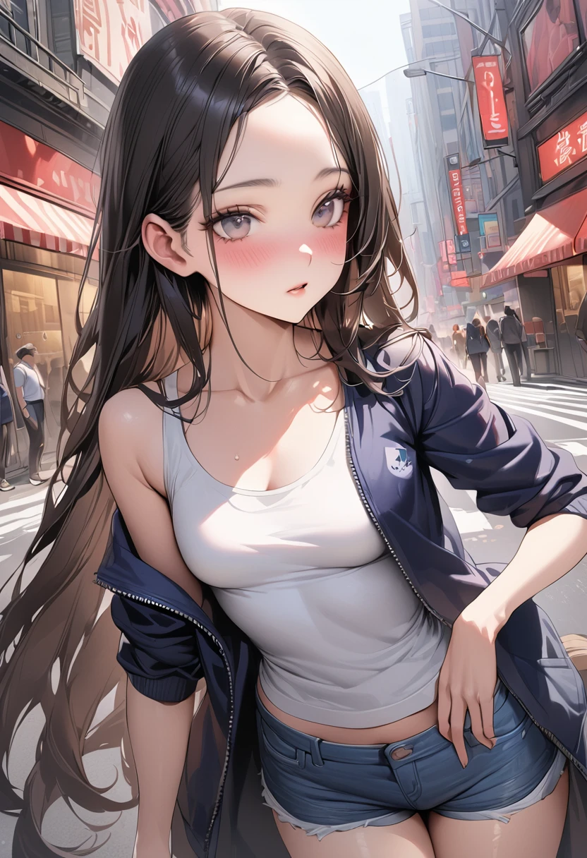 ((masterpiece,Highest quality:1.3,best quality illustration)),(realistic:1.2)、cowboy shot,独奏,1woman,(Mature Beauty),black hair,long hair,forehead,center parted bangs,black eyes,(gorgeous big eyes),(very small head),blush,((very long body,skinny,slender body)),((Navy blue baseball jacket)),small breasts,gleaming skin,oily skin,denim micro shorts,Wearing a white tank top and a blouson,on street,New York City、