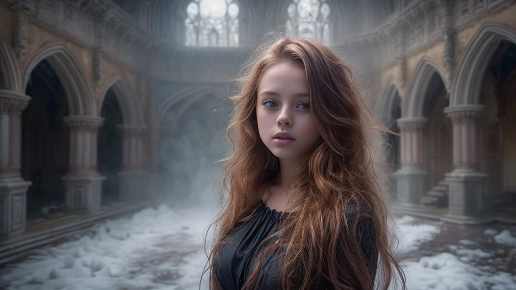 (Kristina Pimenova ginger hair teen girl,19 years old with, hand, fingers in vagina:1.3),  (naked, nude:1.8), (long, messy hair, hair floating in the wind:1.6), blue eyes, detailed eyes, detailed lips, (lies nude, sensual, full body:1.5), (photo from low angles:1.5), (creepy and scary interior of a Gothic castle, abandoned with fog and fog, snow:1.3), low neck, ray tracing, (best quality, 4k, 8k, high resolution, masterpiece:1.2), very detailed, (realistic , photorealistic, photorealistic :1.37), HDR, UHD, masterpiece, professional, vivid colors, bokeh, studio lighting