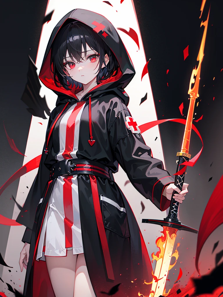 (masterpiece,Best quality,Anime style,Sense of atmosphere,CG Rendering,4K,Ray Tracing,religion)(Black hair,short hair,Red cross pupil,Cold Eyes,Black belted hooded robe with red stripes,Black and red sword,Dark Wind)(Solo)(Simple background)