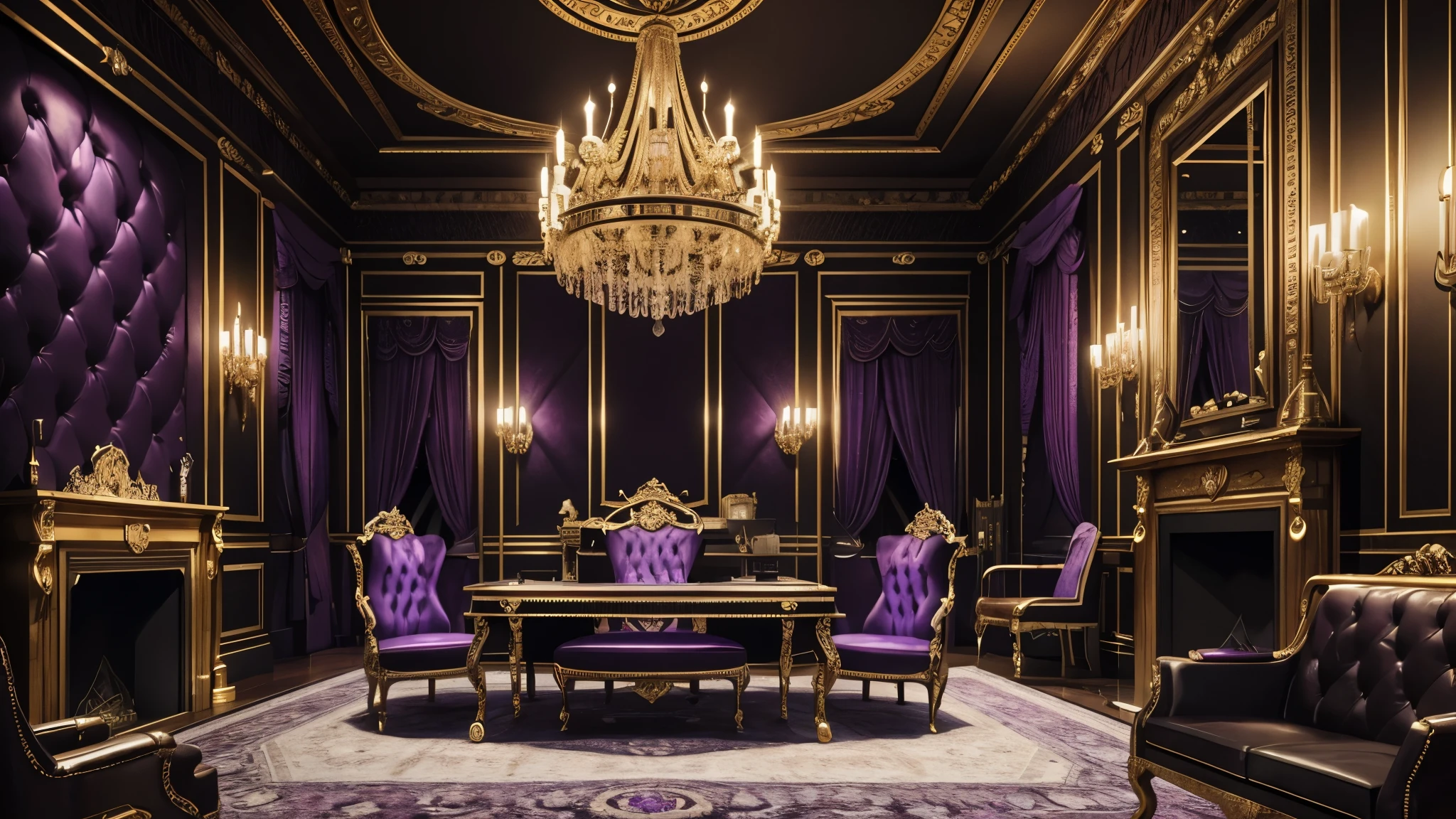 a mafia office interior,a luxurious mafia office,opulent mafia office,dark purple walls,purple velvet furniture,ornate golden accents,extravagant chandeliers,rich purple curtains,dark hardwood floors,lavish marble fireplace,heavy leather chairs,large ornate desk,lavish decor,dramatic lighting,moody atmosphere,cinematic composition,cinematic lighting,realistic 3D rendering,highly detailed,photorealistic,unreal engine,masterpiece,8k,detailed description