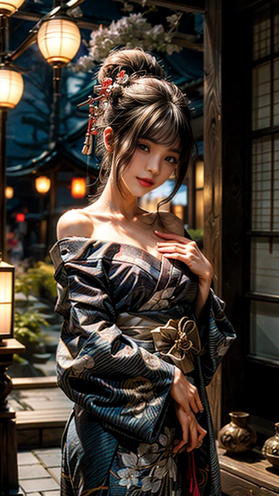 In a futuristic scene, Mechanically enhanced Japanese geisha、Elegant in an elaborate garden. She has beautifully detailed eyes and lips that complement her face. Geishas wear traditional kimonos with intricate patterns and designs.。. Around her are bright Cherry tree and a quiet carp pond. The scenes are drawn using a combination of illustration and photorealism, Highly detailed brush strokes and sharpness, Bright colors. Lighting that highlights the elegance of geishas, Gives a soft glow to your porcelain-like skin. Artwork is of the highest quality, 4k or 8k resolution, Displaying the intricate details of geisha costumes, Cherry tree, With sparkling carp scales. The overall color scheme is、、A combination of traditional Japanese colors, crimson, wait., black people, delicate gold accents, with a futuristic twist. The fusion of ancient tradition and modern technology、、Create captivating and visually impressive masterpieces.shoulders are exposed, 胸がappear、I can see the valley、appear、exposed shoulders、chest revealed、(shoulders are exposed), 胸がappear、I can see the valley、appear、exposed shoulders、chest revealed、(off shoulder style)、random sexy pose