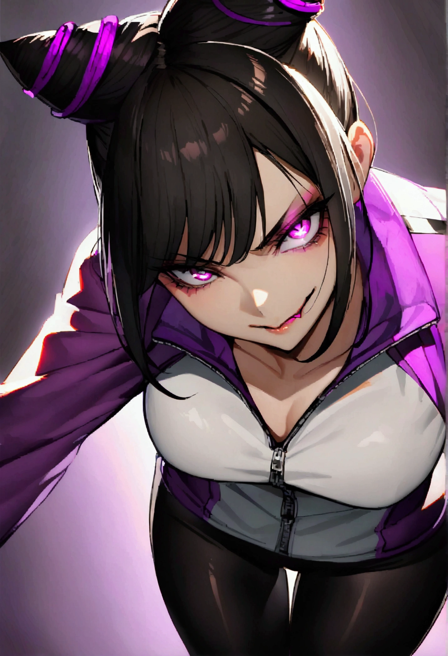 dark eye shadow,shining eyes,beautiful young fitness woman with , in a gym wearing May with black pantyhose, tight white and purple gym jacket. standing alone,hair horns,glowing purple eyes,Evil smile,legging preto ,labiaa,dark eye shadow,shining eyes,close up,juri han
