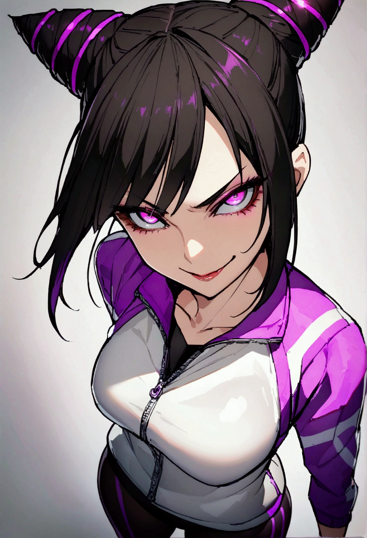 dark eye shadow,shining eyes,beautiful young fitness woman with , in a gym wearing May with black pantyhose, tight white and purple gym jacket. standing alone,hair horns,glowing purple eyes,Evil smile,legging preto ,labiaa,dark eye shadow,shining eyes,close up,juri han