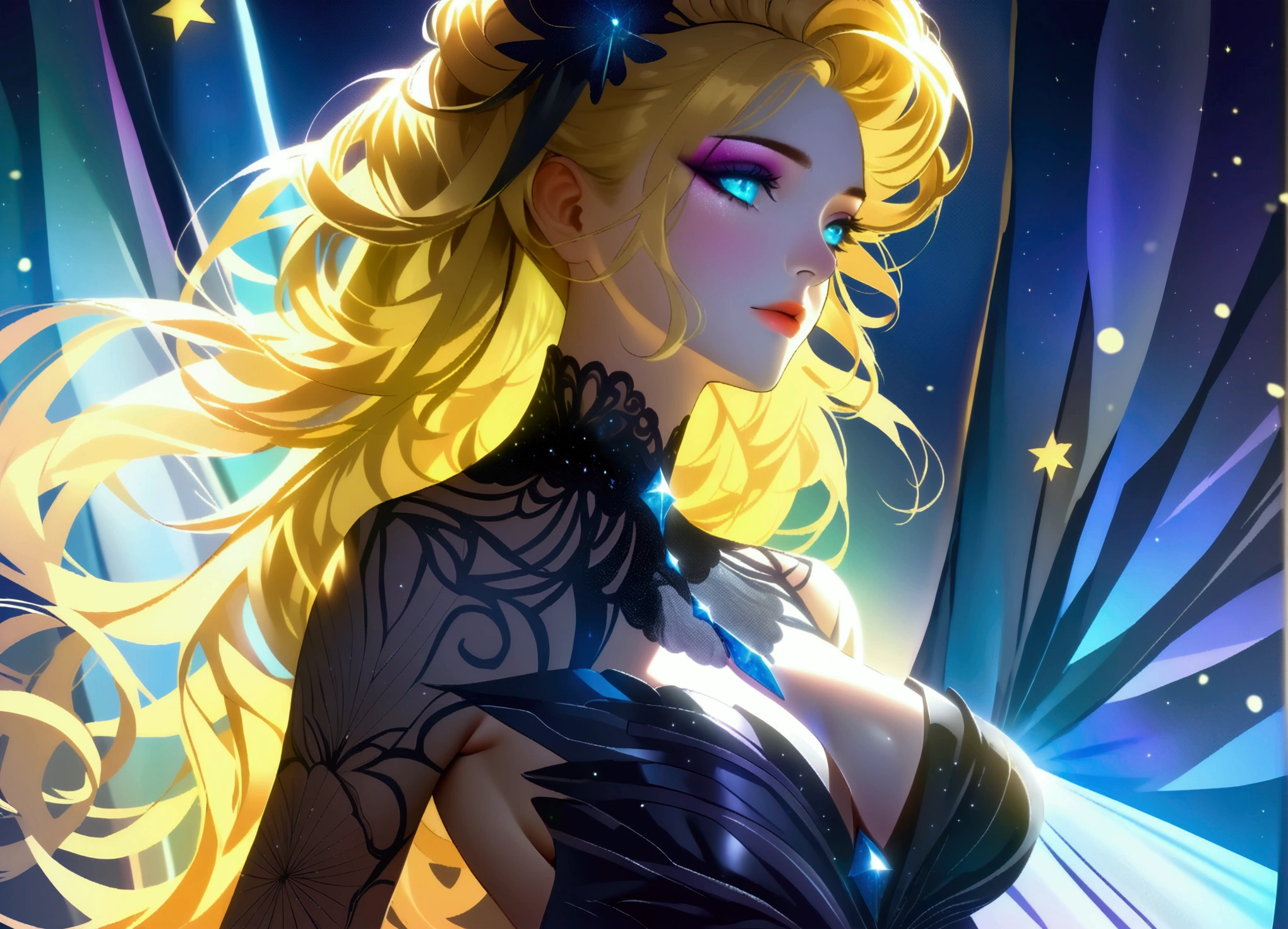 a glamour ((full body: 1.5)) picture shot, of an elite model covered in stars, walking on a (dark catwalk: 1.2), an extraordinary glamourous elite female model, ((full body: 1.5)),  ((anatomically correct: 1.5), (ultra detailed face: 1.2), best detailed face, yrllow hair, long hair, lush hair, glam hair cut, blue eyes, delicate face, light make up, wearing intricate detailed dress, glamour dress, haute couture dress, elite fashion dress, black as night dress, decorated with bright stars, starlight,  small cleavage, wearing high heels, elegant high heels, she wears diamond necklace, she is glows in a soft starry light, she walks on (asteroid catwalk: 1.2), elite fashion show background, vibrant, Hyperrealism style, vibrant, Ultra-high resolution, High Contrast, (masterpiece:1.5), highest quality, Best aesthetics), best details, best quality, highres, ultra wide angle, 16k, [ultra detailed], masterpiece, best quality, (extremely detailed) RAW, chumbasket art style, photograph, photograph