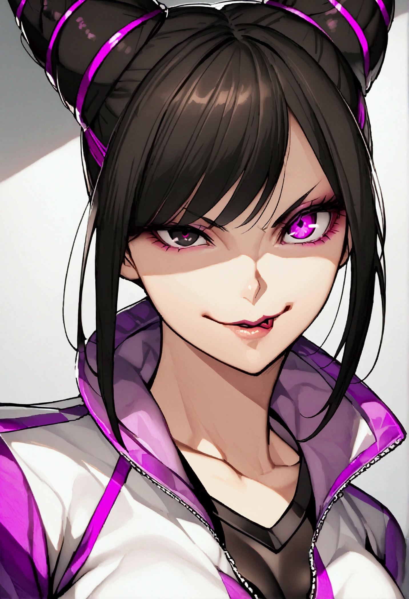 dark eye shadow,shining eyes,beautiful young fitness woman with , in a gym wearing May with black pantyhose, tight white and purple gym jacket. standing alone,hair horns,glowing purple eyes,Evil smile,legging preto ,labiaa,dark eye shadow,shining eyes,close up,juri han
