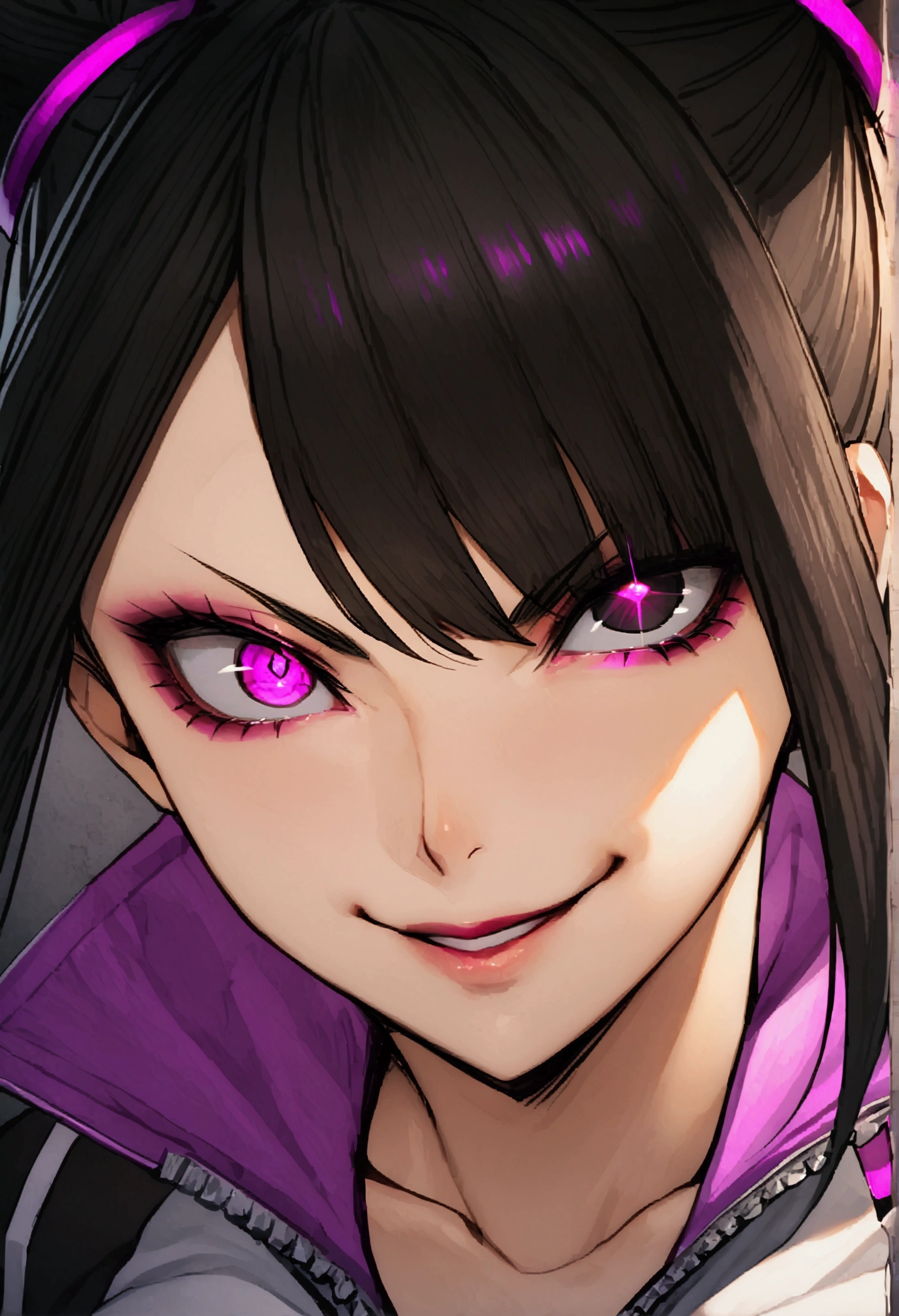 dark eye shadow,shining eyes,beautiful young fitness woman with , in a gym wearing May with black pantyhose, tight white and purple gym jacket. standing alone,hair horns,glowing purple eyes,Evil smile,legging preto ,labiaa,dark eye shadow,shining eyes,close up,juri han
