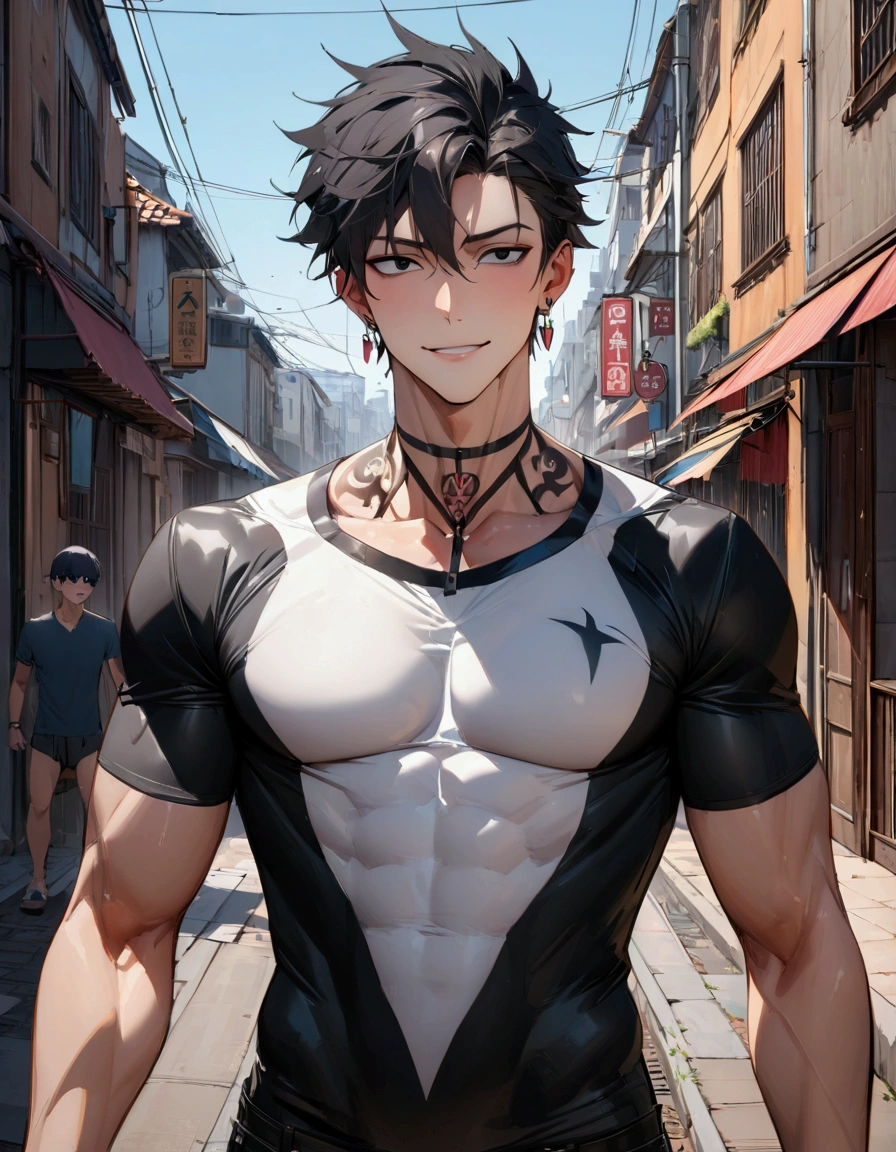 (masterpiece:1.3),(最high quality:1.4),(Very detailedな:1.5),High resolution,Very detailed,8k,artwork,High level of detail,rendering,high quality,Wide range of colors,（One Anime Guy）Slim body type、Black Hair、Cool guy、good looking、Attractive anime men, Seductive anime youth,Slippery、black eye、quiet、Inconspicuous、Big silhouette black short sleeve t-shirt、club、city、（On the neck）tattoo、Earrings、Hair length is normal、Provocative、Laugh fearlessly。