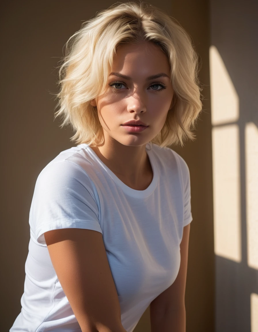 beautiful blonde girl wearing tight skinny jeans and Louboutin heels, tanned, sexy girl, T-Shirt top, big firm round breasts, perky breasts, T-Shirt , looking downward, open image, open pose, sensual expression on her face, Lips opened, soft lighting from the side, illuminated from behind, gentle morning light, viewed from the side, low camera angle, open image, open pose, sensual expression on her face, Lips opened, soft lighting from the side, illuminated from behind, gentle morning light, dressed in a T-Shirt, Push-Up BH, soft lighting, illuminated from behind, very sexual picture, very sexy picture, sexualized, (messy bob hairstyle, white blonde hair color), tousled hairstyle, shoulder length hair, tousled hair, wild hairstyle, tousled hairstyle, white blonde, 5 feet 3 inches tall, 110 pounds weight, 34G Breasts, big firm round breasts, very large breasts, Decollete, photorealestic, 4K, uhd, View from the side, shot, who looked up at her