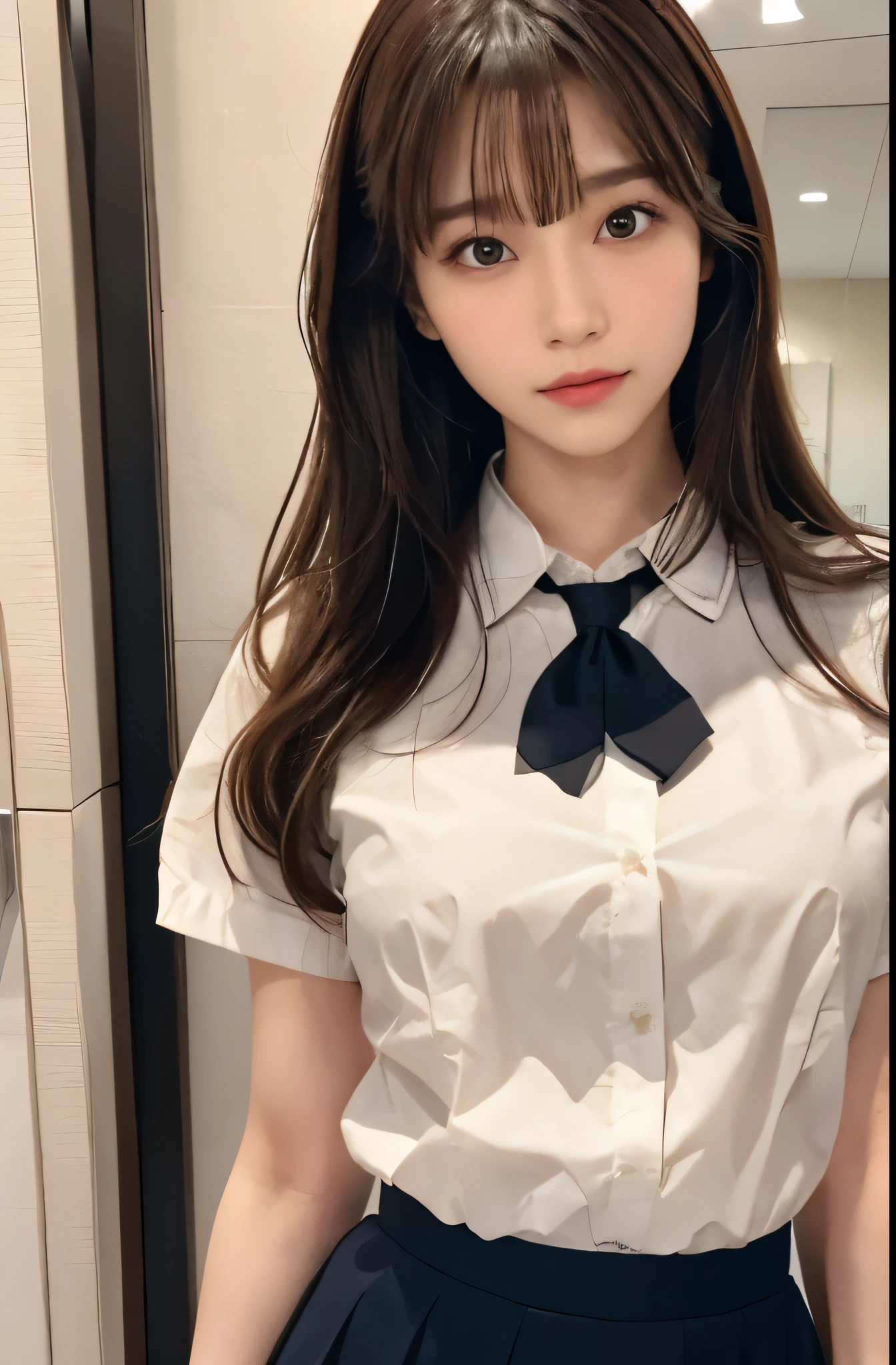 (ultra HD), (School uniform with short sleeves, White collared shirt, Black Skirt), whole body, Big Breasts, Cleavage, Slender, (Clean and shiny skin, Whitening, No makeup), (超Slenderな顔立ち, Super beautiful face, Delicate face), (long hair, Layered Cut, Fluffy hair,light brown), (Patchy double eyelids, Slanted Eyes), Small Nose, Thin lips, Thin legs