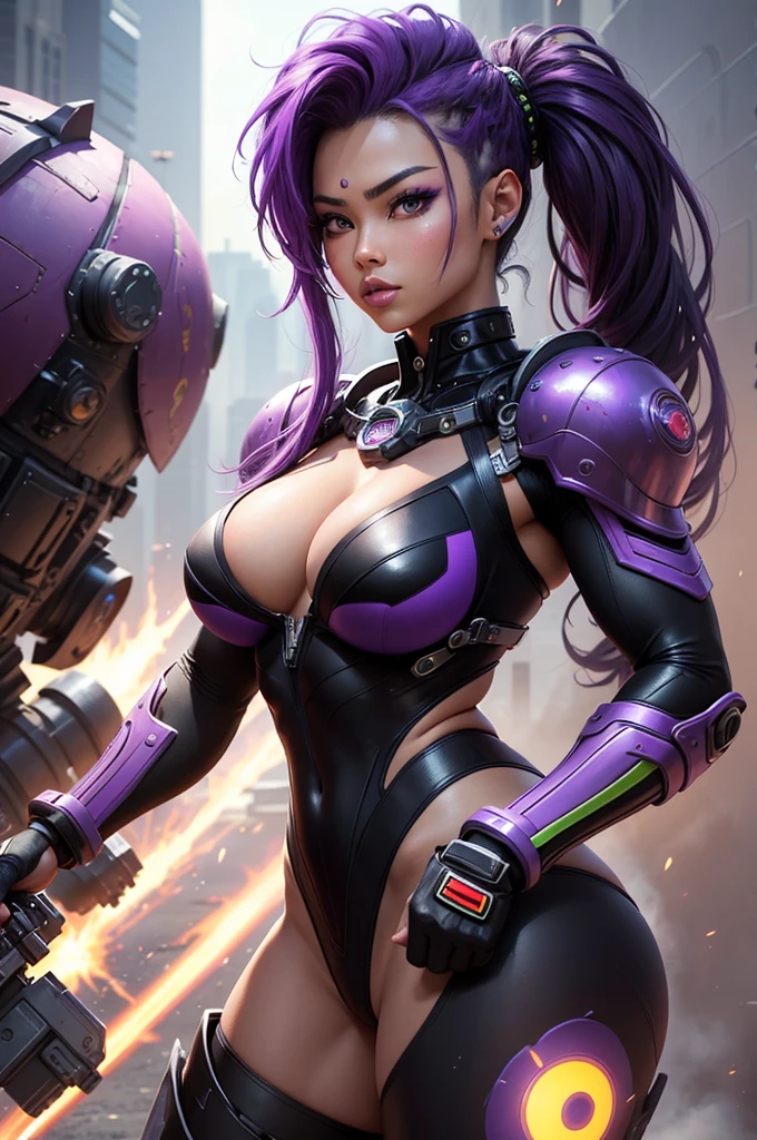 A beautiful, exuberant and very young cybernetic android warrior with black African and oriental Japanese and Chinese features, mixed with the clone of the Greek warrior goddess Athena, with super mega giant , purple eyes, transformed into a super sensual and extremely muscular astronaut, fitness, fit bodybuilder and weightlifter, very muscular thighs wearing very short, super radical and purple punk style hair and very straight in locks, wearing sexy cypunk battle outfits, observing various spaceships on a strange planet full of big wild and murderous or monsters