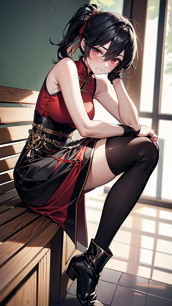 {{masterpiece}}, {{{Highest quality}}},{{Very detailed}},He is sitting on a bench in the waiting room with a serious expression on his face.,from side Cowboy Shot,Sweat,Sit on a bench with one leg raised ,Sit slouched,{{Blushing}},{{V-shaped eyebrows}},{{Female Fighter}},{{expensive}},{{疲労でSweatをかいている成人女性}},Sleeveless red Chinese dress Black Hair Black knee socks Small breasts Thin legs Black arm covers fingerless gloves short boots Place your hands on your knees Waist belt Red pelvic curtain