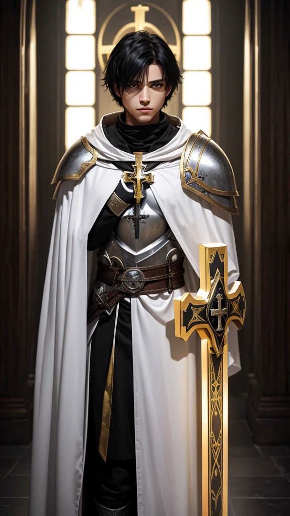 a young Templar knight in armor with a cross symbol on top of his chest, a white cloak, with medium black hair and black eyes, and on his head a bright golden halo,and the environment in which it is located is a room with a cross in the center with several details