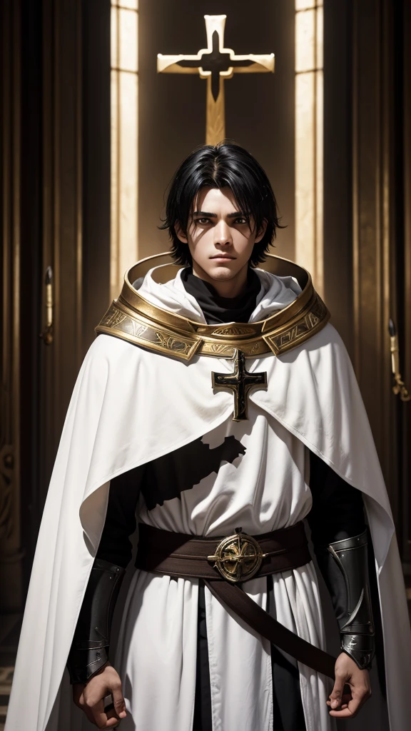 a young Templar knight in armor with a cross symbol on top of his chest, a white cloak, with medium black hair and black eyes, and on his head a bright golden halo,and the environment in which it is located is a room with a cross in the center with several details
