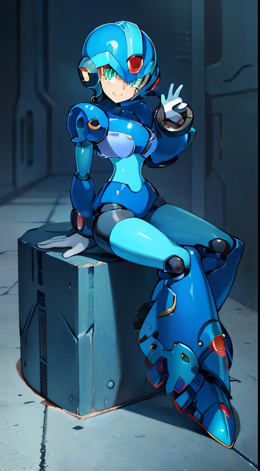 megaman x Girl, cute, Reploid, fullbody shot, maverick hunter, extremely detailed, dinamic pose, Green eyes, long eyelashes, glowing lips, smile, black waist