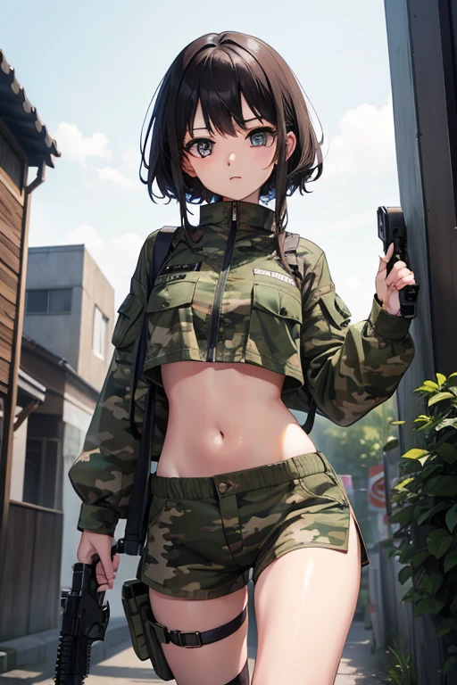 beautiful girl、Navel-baring camouflage combat uniform、Crop tops、Camouflage shorts、Bare legs、Put a knife in one thigh、Holding a pistol、military base、fire、night