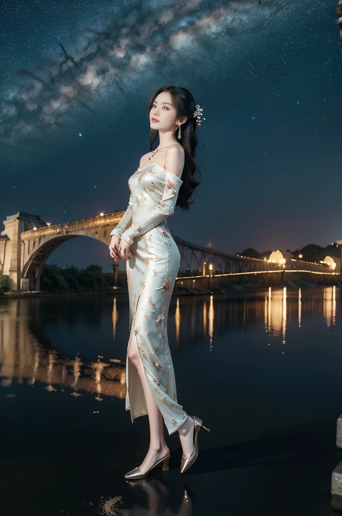 (((best quality))),(((ultra detailed))),(((masterpiece))),illustration,((1 beautiful girl,solo)),(shoulder length straight hair:1.2),((earrings,necklace)),((slim,thin)),((small breasts,flat chest)),(gorgeous sheer red Chinese dress:1.3),(slender legs:1.2),(loafers:1.2),(standing:1.3),(on the stone arch bridge:1.3),((starry sky,the Milky Way,horizon)),elegance, grace, sophisticated updo, delicate hairpins, twinkling stars, radiant smile, bright eyes, wonder, beauty of the night sky, intricate patterns, flowers, birds, vibrant colors, ethereal, enchanting, old bridge, weathered, sturdy, natural surroundings, serene, peaceful atmosphere, rippling water, stars, graceful silhouette, magic, tranquility, twinkling stars, mesmerizing canopy of light, cool air, crisp, faint scent of blooming flowers, contemplation, admiration, ancient China, timeless, rich culture, traditions, captivating, enchanting atmosphere, myth, legend,((from front,full body))