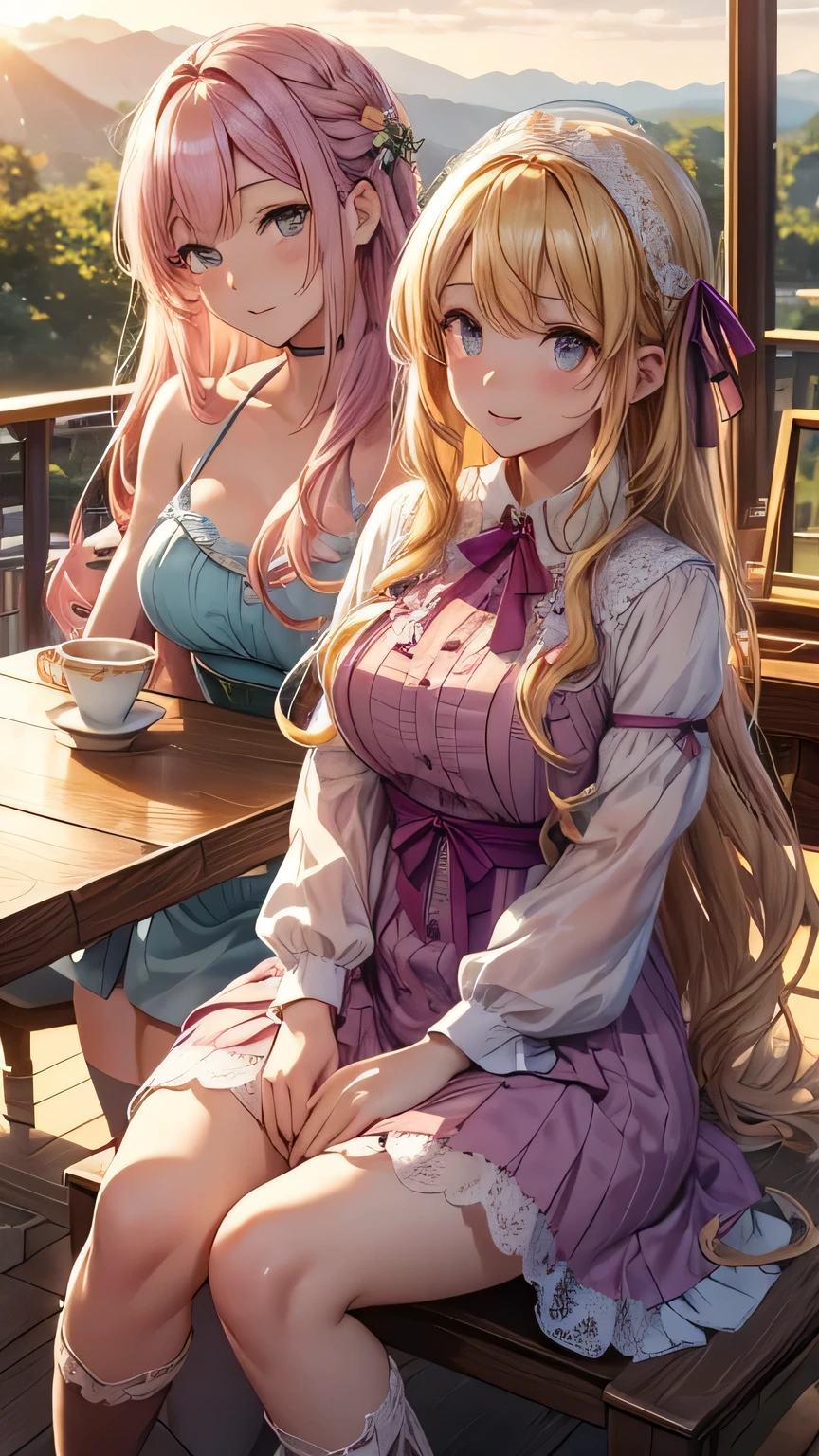 Sakura Mizuki, an 18-year-old girl with waist-length pink hair and large jade green eyes, sits on a balcony overlooking majestic mountains, alongside her friend Yuki, who has long blonde hair in loose waves and large amethyst purple eyes. Sakura is wearing a light blue dress that complements her and curvy frame, while Yuki is dressed in a vintage-inspired tea dress with lace details and a ribbon tie, paired with ankle boots. They are seated opposite each other at a small wooden table, enjoying the serene atmosphere. The balcony is adorned with potted plants and flowers, adding a touch of nature to the tranquil setting. The sun is setting behind the mountains, casting a warm, golden glow over the scene, creating a peaceful and picturesque atmosphere.