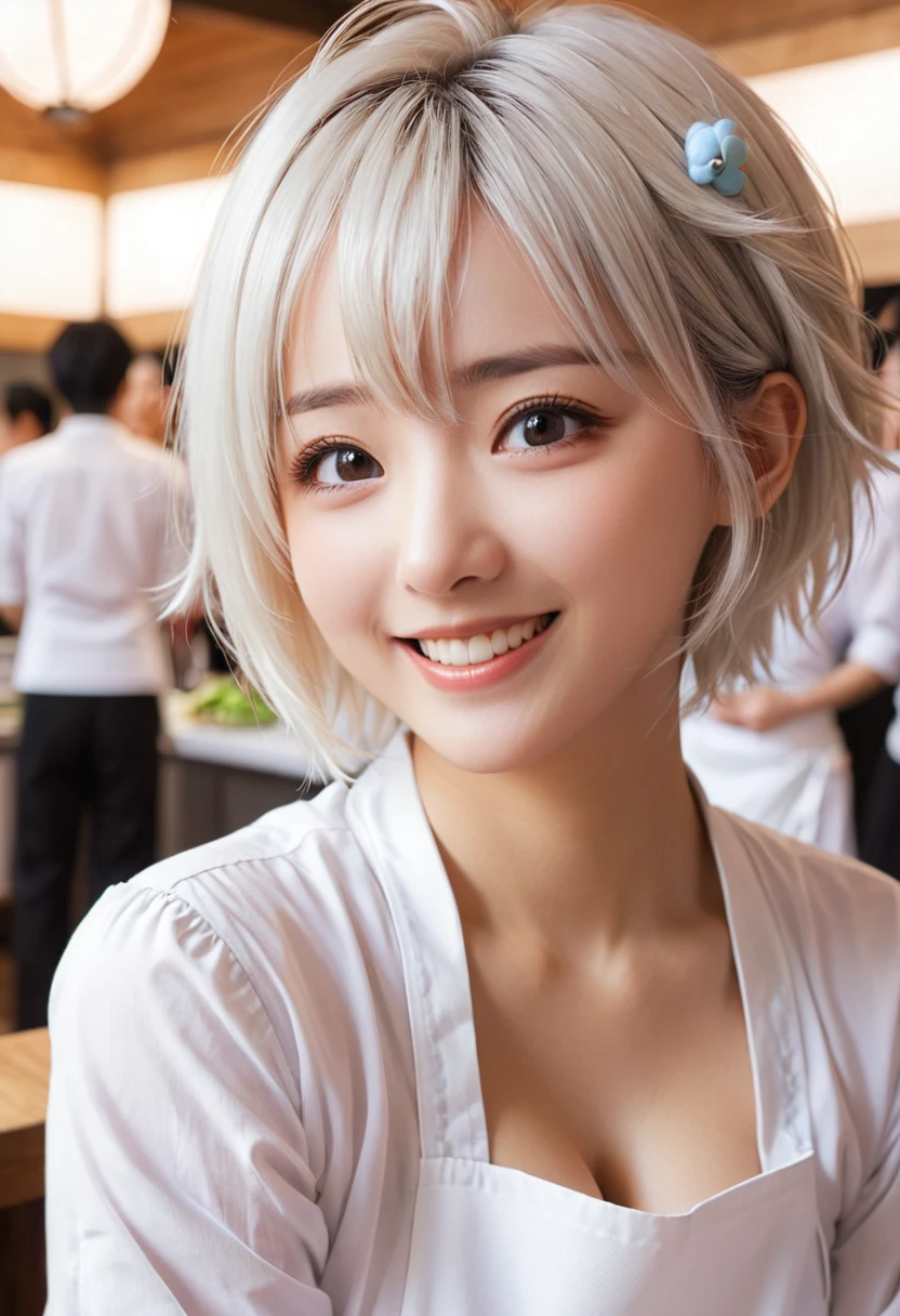 Alice, Anime art style, One girl, 一人in, chest, Looking_in_Audience, smile, short_hair, Open_mouth, big_chest, reis_eye, hair_between_eye, upper_boisy, white_hair, :is, Blurred, chef