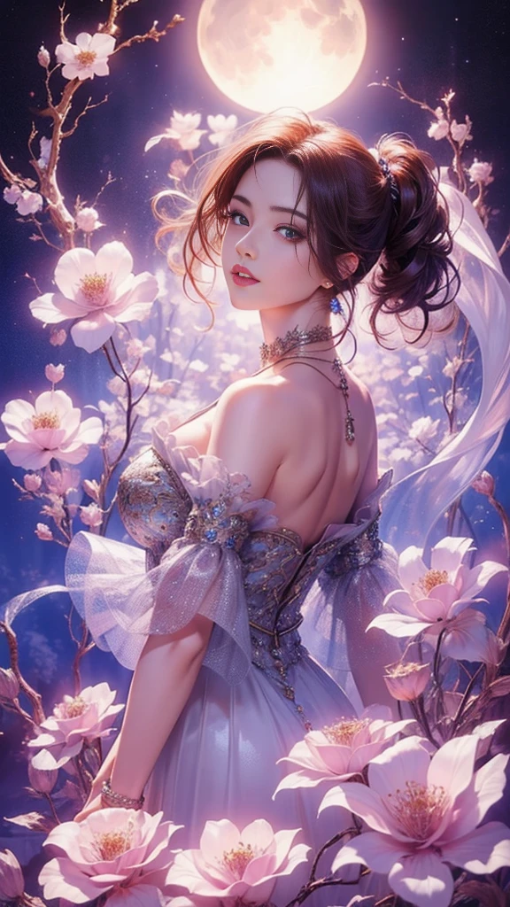 tmasterpiece，Highest high resolution，((themoon))，Dynamic bust of beautiful aristocratic maiden，Elegantly coiled brown chestnut hair，Purple clear eyes，The hair is covered with beautiful and delicate floral craftsmanship, Crystal jewelry filigree，Ultra-detailed details，upscaled，The earth rises。