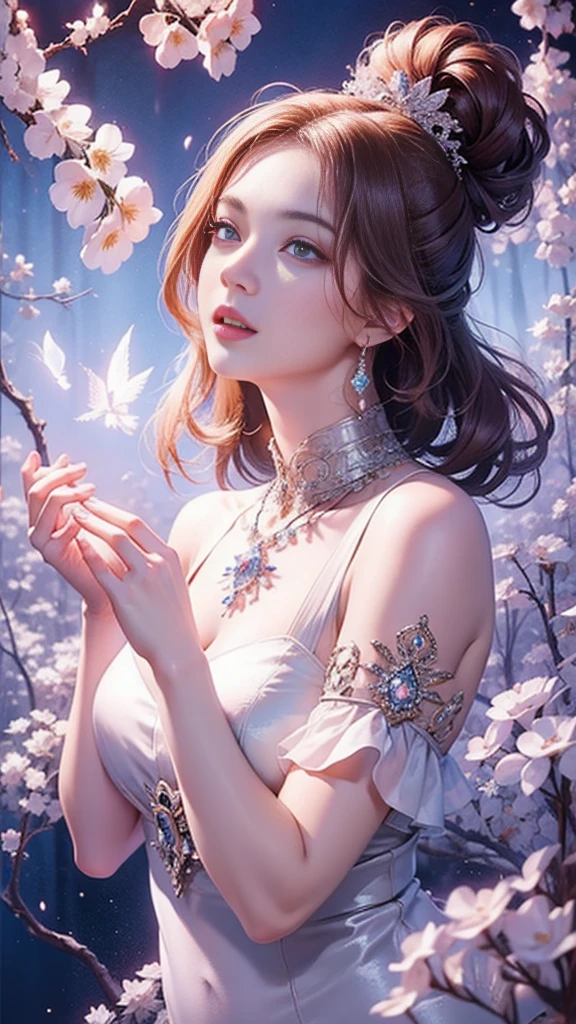 tmasterpiece,Highest high resolution,((themoon)),Dynamic bust of beautiful aristocratic maiden,Elegantly coiled brown chestnut hair,Purple clear eyes,The hair is covered with beautiful and delicate floral craftsmanship, Crystal jewelry filigree,Ultra-detailed details,upscaled,The earth rises。