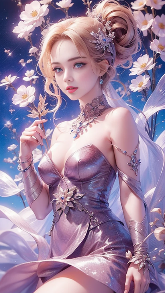 tmasterpiece，Highest high resolution，((themoon))，Dynamic bust of beautiful aristocratic maiden，Elegantly coiled brown chestnut hair，Purple clear eyes，The hair is covered with beautiful and delicate floral craftsmanship, Crystal jewelry filigree，Ultra-detailed details，upscaled，The earth rises。