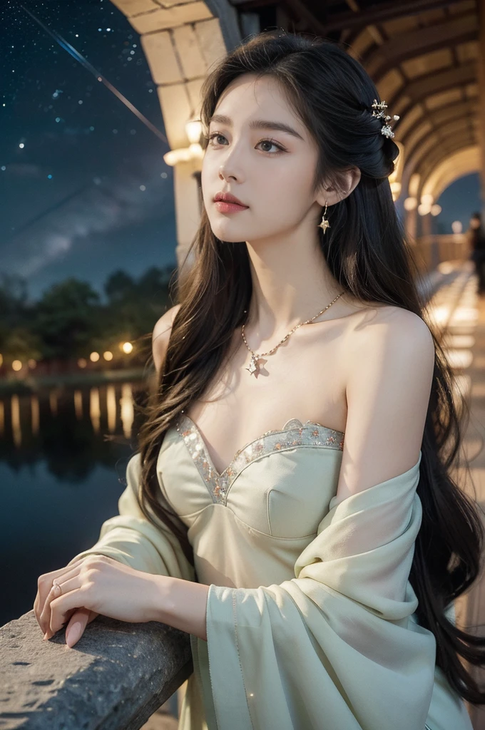 (((best quality))),(((ultra detailed))),(((masterpiece))),illustration,((1 beautiful girl,solo)),(shoulder length straight hair:1.2),((earrings,necklace)),((slim,thin)),((small breasts,flat chest)),(strapless gorgeous sheer red bra:1.3),(standing:1.3),(on the stone arch bridge:1.3),((starry sky,the Milky Way,horizon)),elegance, grace, sophisticated updo, delicate hairpins, twinkling stars, radiant smile, bright eyes, wonder, beauty of the night sky, intricate patterns, flowers, birds, vibrant colors, ethereal, enchanting, old bridge, weathered, sturdy, natural surroundings, serene, peaceful atmosphere, rippling water, stars, graceful silhouette, magic, tranquility, twinkling stars, mesmerizing canopy of light, cool air, crisp, faint scent of blooming flowers, contemplation, admiration, ancient China, timeless, rich culture, traditions, captivating, enchanting atmosphere, myth, legend,((from front,close-up of face))