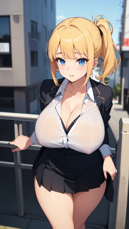 ((Highest quality)), ((masterpiece)), (detailed), 
((huge breasts))
((Very thick thighs))
((Very fleshy young woman))
(Tall)
(cleavage)
(Short Blonde side ponytail hair)
Blue eyes
Standing
(((Shoot from front)))
(((photograph the whole body)))
(Japanese school uniform)
(white (business) shirt)
(Black mini(school)skirt)
Japanese 
Tokyo city