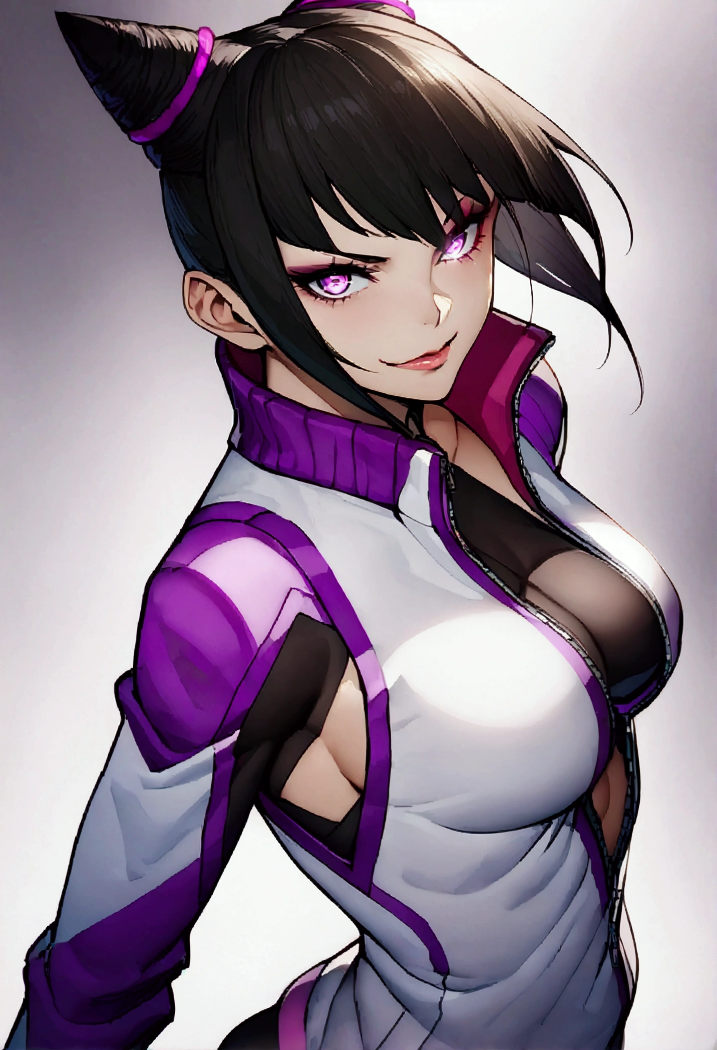 dark eye shadow,shining eyes,beautiful young fitness woman with , in a gym wearing May with black pantyhose, tight white and purple gym jacket. standing alone,hair horns,glowing purple eyes,Evil smile,legging preto ,labiaa,dark eye shadow,shining eyes,close up,juri han