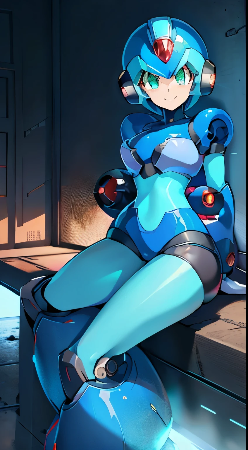 megaman x Girl, cute, Reploid, fullbody shot, maverick hunter, extremely detailed, dinamic pose, Green eyes, long eyelashes, glowing lips, smile, black waist