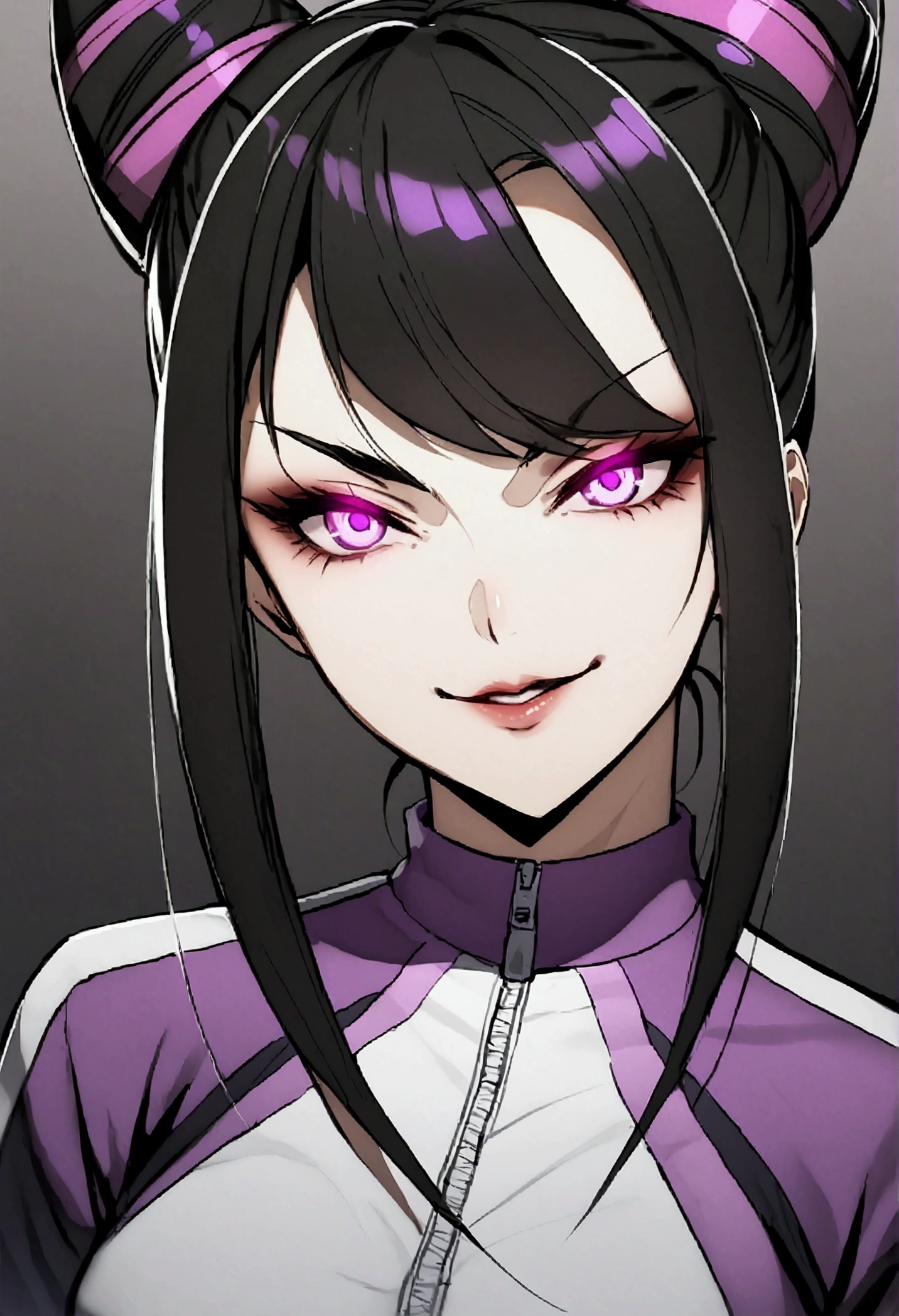 dark eye shadow,shining eyes,beautiful young fitness woman with , in a gym wearing May with black pantyhose, tight white and purple gym jacket. standing alone,hair horns,glowing purple eyes,Evil smile,legging preto ,labiaa,dark eye shadow,shining eyes,close up,juri han