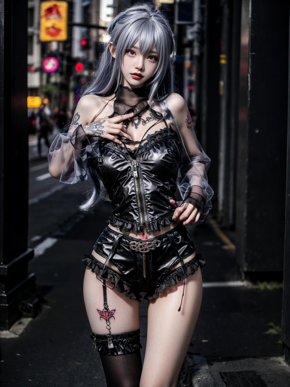 One Girl, Gray Hair, Long Hair, Techwear masterpiece, highest quality, Realistic, realism, Dark purple jacket, Portraiture, fine grain, wearing a headset, Platinum Hair, 21 year old girl, Fashion pose, Half Body, Wide Shot, on the road, cyber punk,(((He has many tattoos all over his body)), (((Tight waist))), ((Big Breasts)),(See-through)，panties