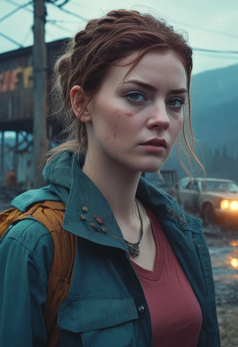 An ultra hot gorgeous woman. Âge 23.future, post-apocalypse, post-war, stalker, dangerous atmosphere, intricate details, extremely detailed, cinematic stile, dramatic light, Brandon Wolfel, Alaina Lemmer, Simon Stalenhag,Ben Templesmith