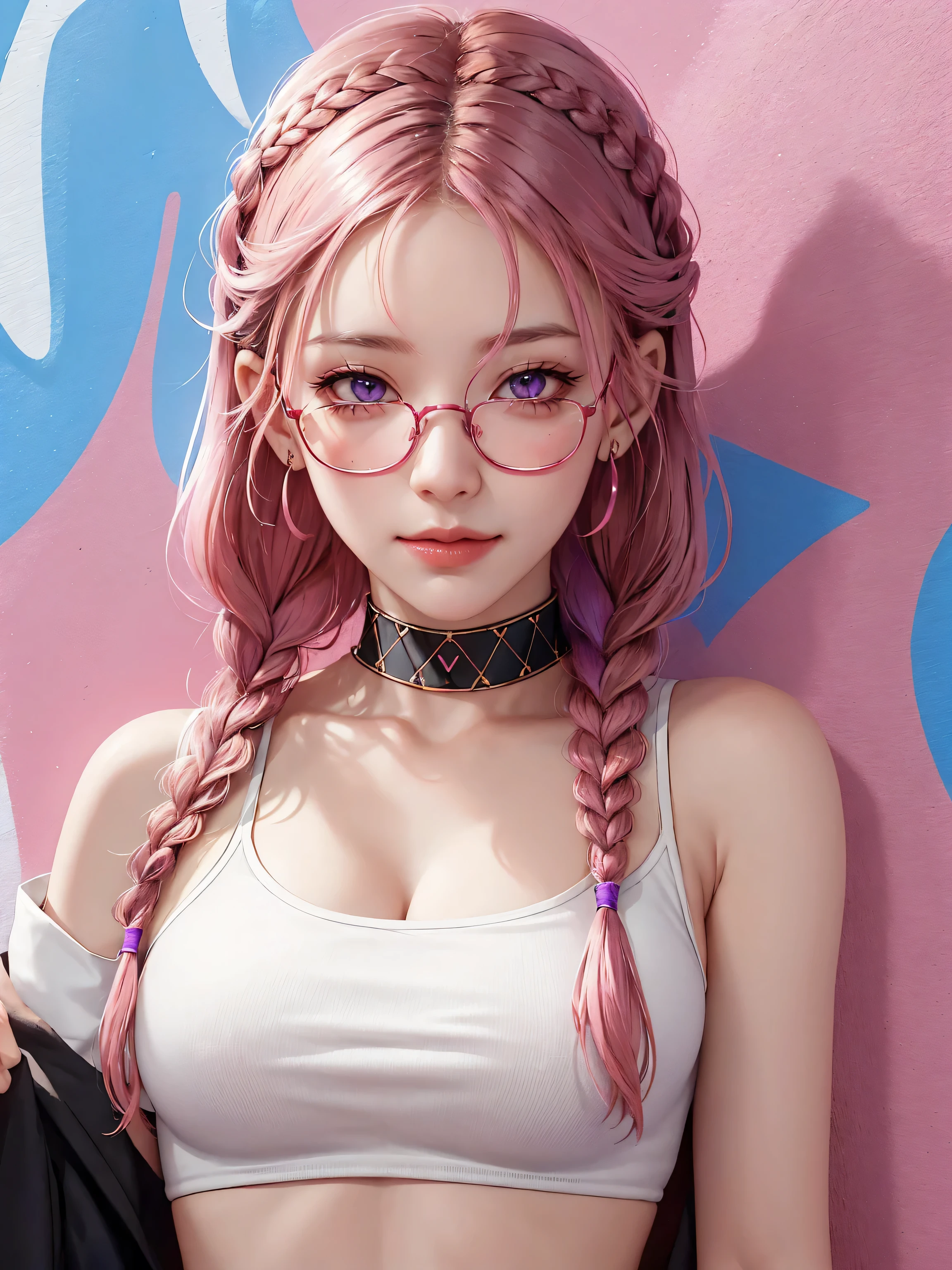 (Masterpiece, best quality, 1 girl, alone, complicated details, Chromatic aberration), realistic, ((Moderate breath)),long hair, pink hair, Red headpiece, Pink Highlights, hair on one eye,purple eyes, earring, sharp eyes, choker, Neon coat, She wears a collar, bangle, and kimono style garters., crop top, (symmetrical eyes),(Perfect symmetrical body),against the wall, Brick wall, (colorful graffiti words on the wall:1.2), The light is dim., alley ,Look at the viewer.、Dig the chest、smile、(sleeveless、Navel touch、Fitted turtleneck.)、street string hot pants、Thin bottom、Please build above the eaves..、Thin shoulders、1 Female,Brown Hair, ,((Anxious expression)),Beautiful breasts,School Swimsuit、Stylish,,(Look forward)(((Blushing、Surprised expression)),(((Braid))),((( Upper body portrait)))Frameless Glasses
