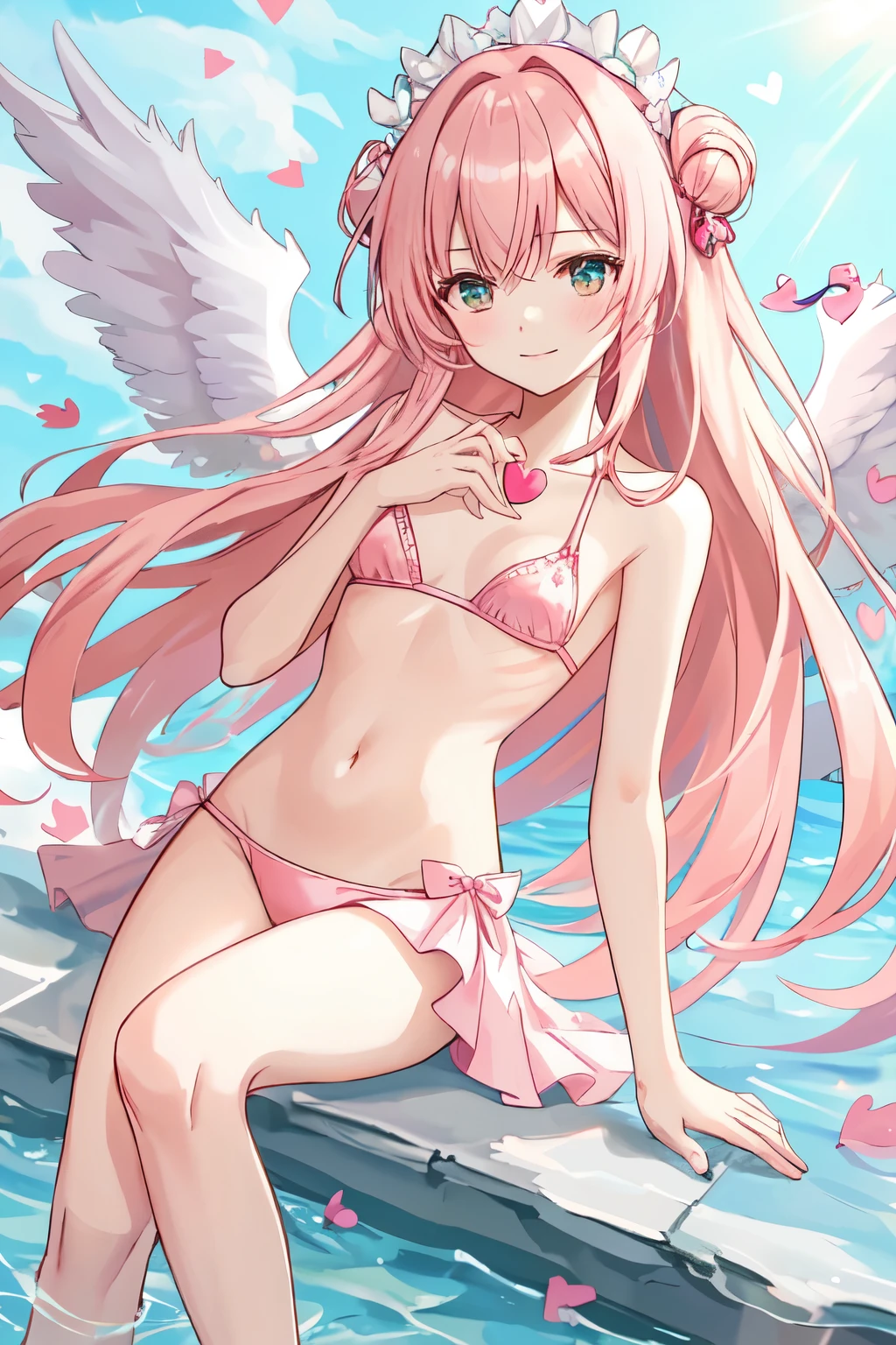 1_girl, (anime, kawai:2), (masterpeice, best_quality, clean:1.5), (sky_background:1.2), (cute, cute_smile, wholesome, young:1.8), (delicate, extremely_delicate, beautiful, thin:1.5), (girlfriend, angel:1.8), (green_eyes, simple_eyes:1.8) (long_hair, blond_hair, wearing_pink_bikini, pink_angel_wings:1.8), (combat:1.2), extremely_delicate, (love_magic:1.5), (age_size_fits_body), (small_thighs:1.3), (breasts), (eye_level:1.3), (heart_magic, love:1.8), (folded_legs:1.5)