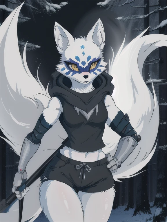 Alopex, arctic fox, furry character, blue mark eyes, tmnt, yellow eyes, girl1, solo, black bandage arms and legs, cloak, black shirt, black shorts, best quality, masterpiece, forest