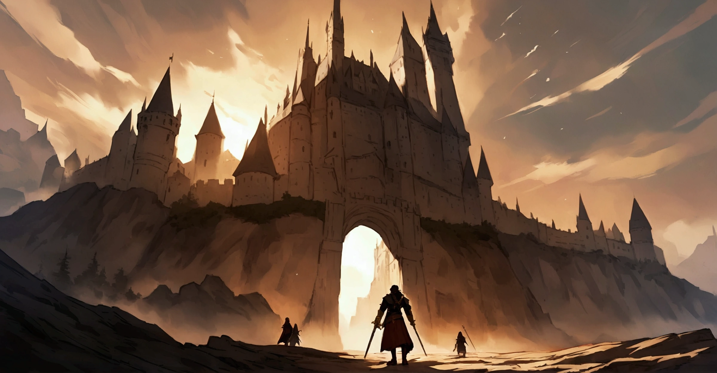 Featured is a chained golden watch, behind him the horizon, euphoria, fantasy rpg, castle, horizonte rpg