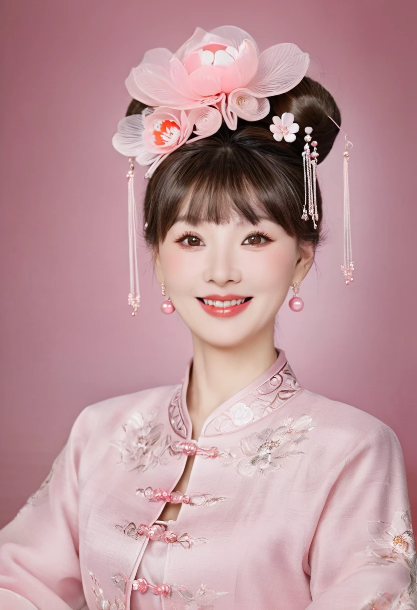 masterpiece, best quality, seaside, banquet, 1 female, Mature woman, elegant, Chinese, China, elder sister, Royal elder sister, Happy, Ball head, Light brown hair, Pink Eyes, Gorgeous headdress, Light pink lips, Pink clothes, Yarn Clothing, Intellectuals, Full bangs, Straight bangs, Flower Balls, Delicate face,Hair Bun