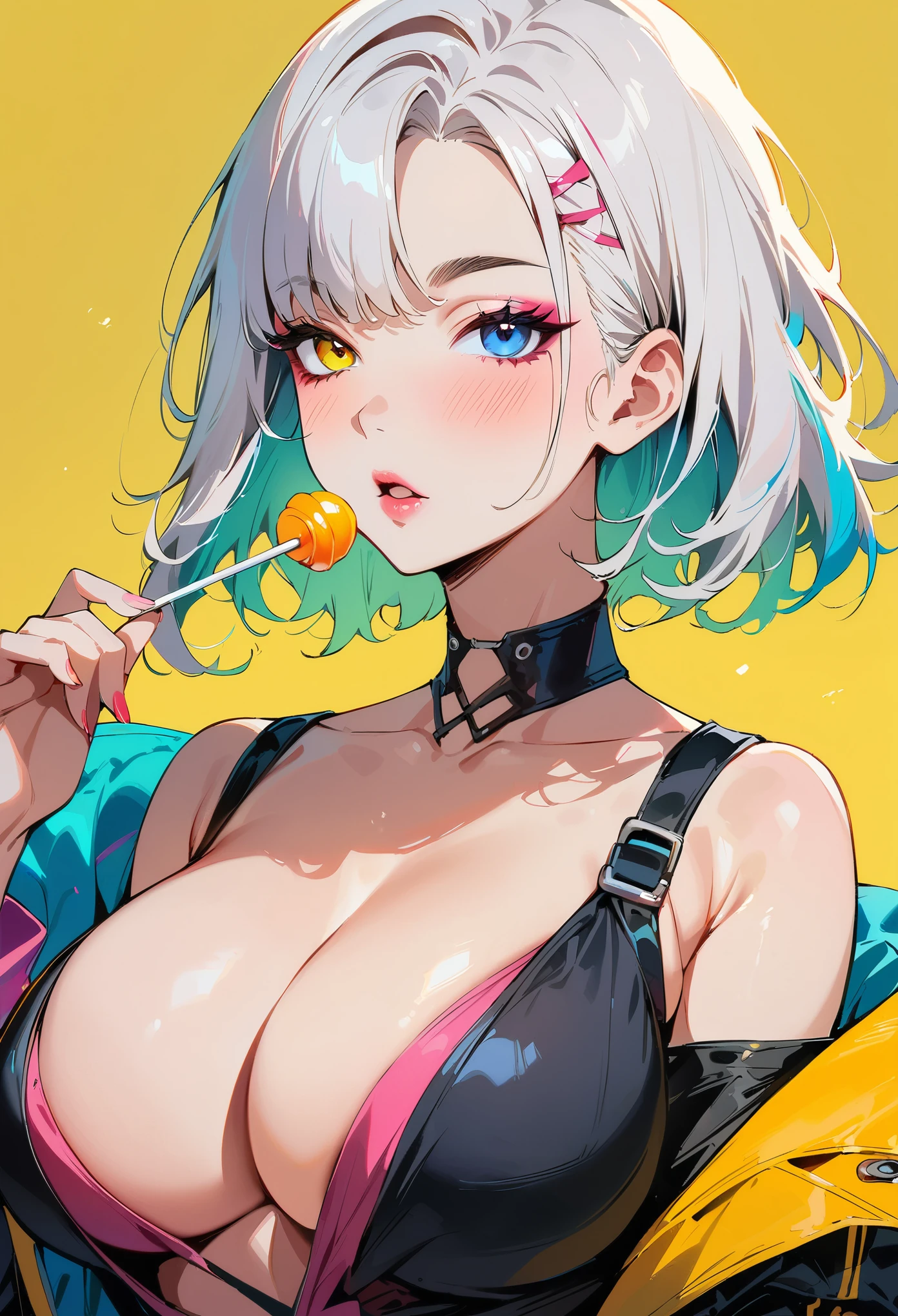 (masterpiece, best quality:1.4), 1 girl, 独奏, Anime style, Heterochromia, Blurred eyes, Eat Lollipop, Pink lower lip, Cyberpunk style makeup, Short silver asymmetrical hair, Asymmetrical short hairstyle, Long bangs on one side, Color highlights, Huge breasts, Black off-the-shoulder leather jacket, Pure yellow background.