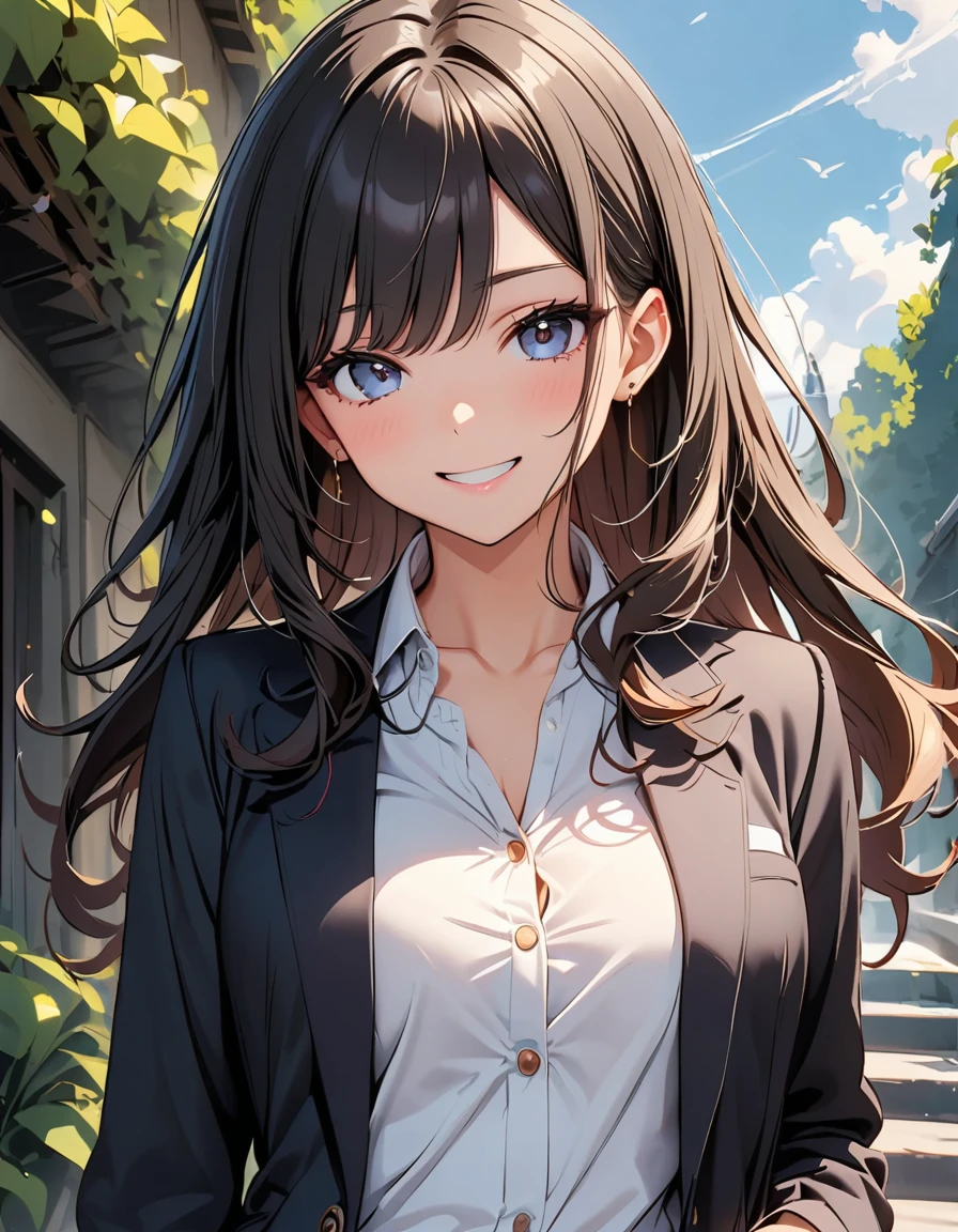 a beautiful woman with long black hair is smile.