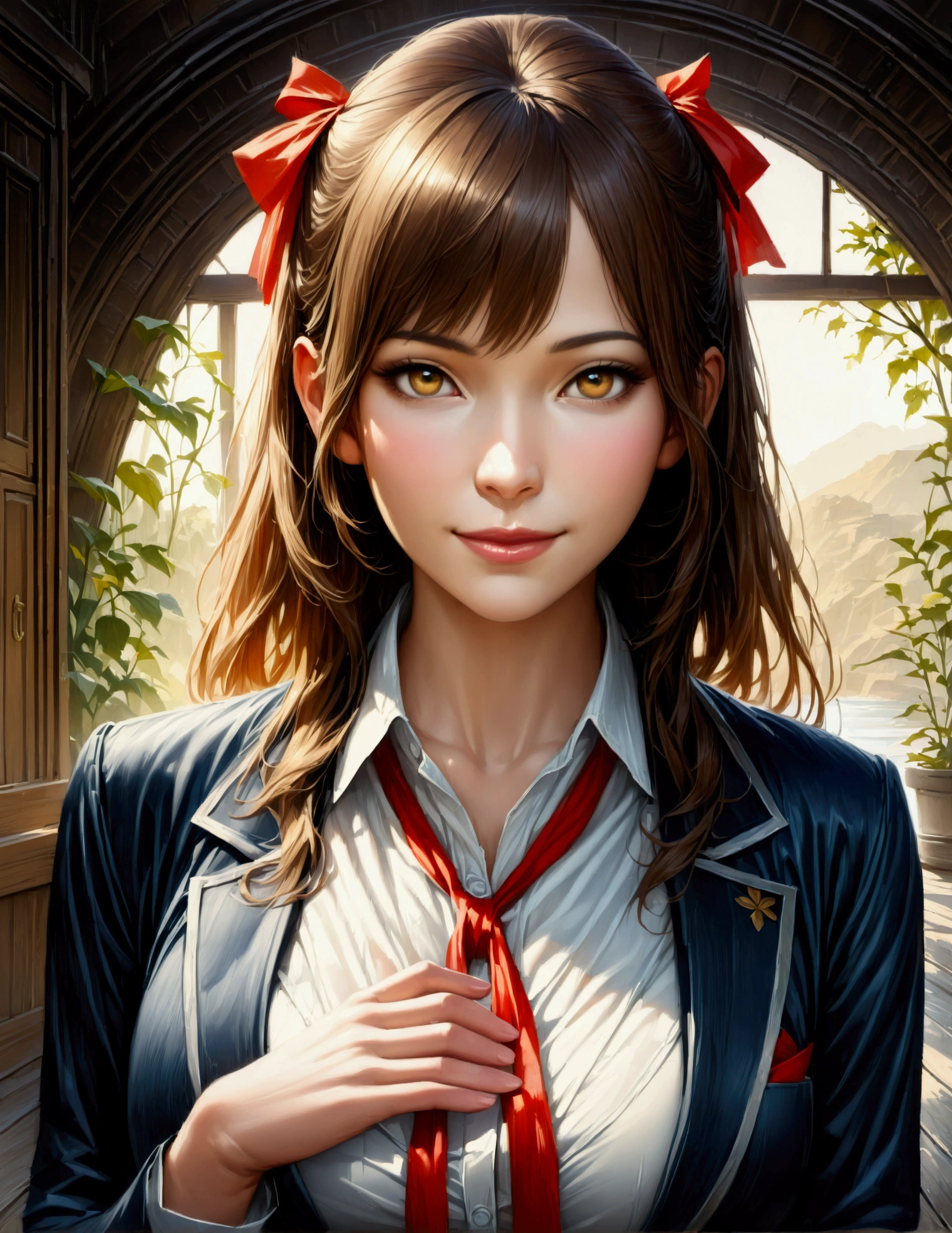 (masterpiece:1.3),(最high quality:1.4),(Very detailedな:1.5),High resolution,Very detailed,8k,artwork,High level of detail,rendering,high quality,Wide range of colors, (masterpiece:1.2, 最high quality), (Realistic, photoRealistic:1.4), Beautiful illustrations, (Natural Side Lighting, Cinema Lighting),
View your viewers, Cowboy Shot, Front view, 1 girl, Japanese, high school girl, Perfect Face, Cute and symmetrical face, Glowing Skin,
(Mid-length hair:1.2, ((Both sides up:1.2)), Brown Hair), Golden Eyes, (Large Breasts:0.6, Captivating thighs),
Beautiful Hair, Beautiful Face, Beautiful attention to detail, Beautiful clavicle, Beautiful body, Beautiful breasts, Beautiful thighs, Beautiful feet, Beautiful fingers,
(((Navy Blazer, Close Blazer), white blouse shirt, Light Blue Plaid Pleated Skirt, Red ribbon tie), Red hair ribbon),
(Beautiful views), evening, River side, walk, (Cute smile, Upward glance),
