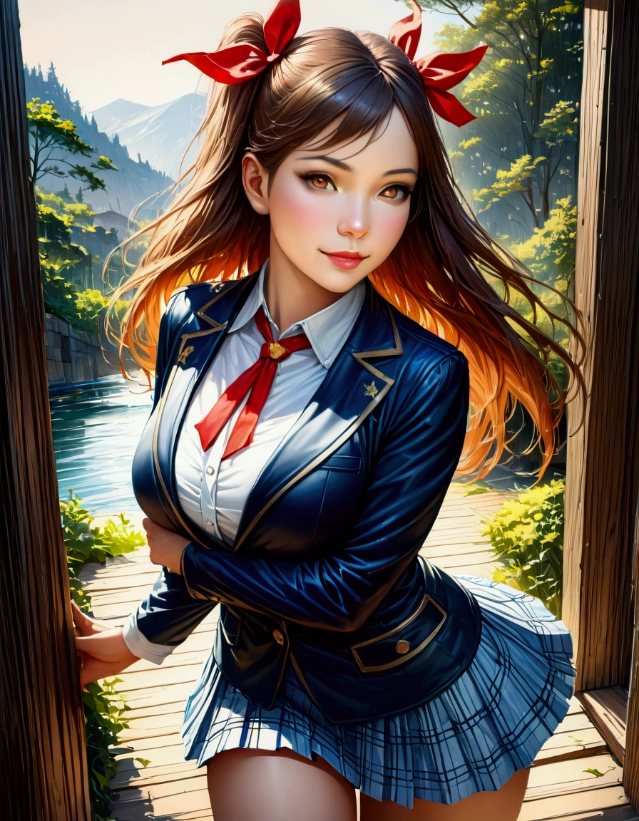 (masterpiece:1.3),(最high quality:1.4),(Very detailedな:1.5),High resolution,Very detailed,8k,artwork,High level of detail,rendering,high quality,Wide range of colors, (masterpiece:1.2, 最high quality), (Realistic, photoRealistic:1.4), Beautiful illustrations, (Natural Side Lighting, Cinema Lighting),
View your viewers, Cowboy Shot, Front view, 1 girl, Japanese, high school girl, Perfect Face, Cute and symmetrical face, Glowing Skin,
(Mid-length hair:1.2, ((Both sides up:1.2)), Brown Hair), Golden Eyes, (Large Breasts:0.6, Captivating thighs),
Beautiful Hair, Beautiful Face, Beautiful attention to detail, Beautiful clavicle, Beautiful body, Beautiful breasts, Beautiful thighs, Beautiful feet, Beautiful fingers,
(((Navy Blazer, Close Blazer), white blouse shirt, Light Blue Plaid Pleated Skirt, Red ribbon tie), Red hair ribbon),
(Beautiful views), evening, River side, walk, (Cute smile, Upward glance),