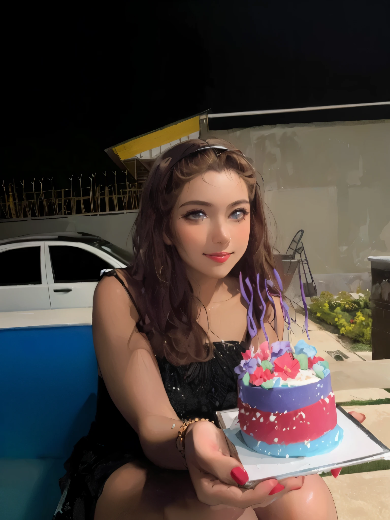 (masterpiece, best quality, ultra-detailed:1.3), 1girl, arms behind head, (smile:0.5) edgPetal, a woman wearing a black dress made of flower petals, wearing edgPetal, garden background, dimly lit BREAK (long blonde hair), mid parted hair