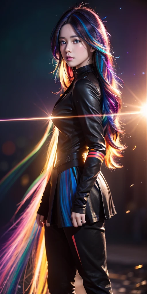 {{masterpiece}}, highest quality, Highly detailed CG Unity 8K wallpaper, cinematic lighting, Lens flare, beautiful detailed eyes, black, side line, multi-colored hair, colorful light, particle, heterochromia, (colorful:1.5), (colorful hair:1.5),
Full body