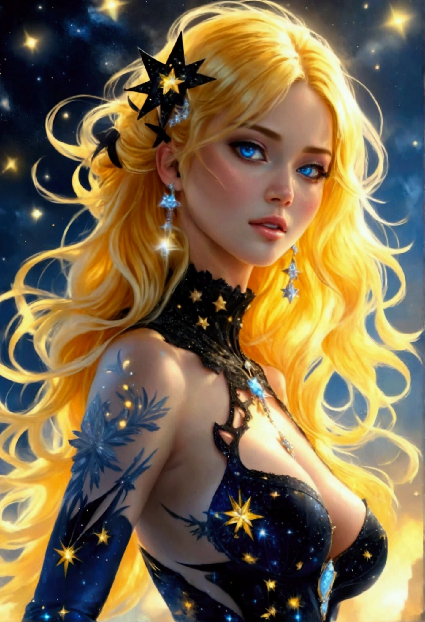 a glamour picture shot, of an elite model covered in stars, walking on a (dark catwalk: 1.2), an extraordinary glamourous elite female model, ((full body: 1.5)),  ((anatomically correct: 1.5), (ultra detailed face: 1.2), best detailed face, yrllow hair, long hair, lush hair, glam hair cut, blue eyes, delicate face, light make up, wearing intricate detailed dress, glamour dress, haute couture dress, elite fashion dress, black as night dress, decorated with bright stars, starlight,  small cleavage, wearing high heels, elegant high heels, she wears diamond necklace, she is glows in a soft starry light, she walks on (asteroid catwalk: 1.2), elite fashion show background, vibrant, Hyperrealism style, vibrant, Ultra-high resolution, High Contrast, (masterpiece:1.5), highest quality, Best aesthetics), best details, best quality, highres, ultra wide angle, 16k, [ultra detailed], masterpiece, best quality, (extremely detailed) RAW, chumbasket art style, photograph, photograph